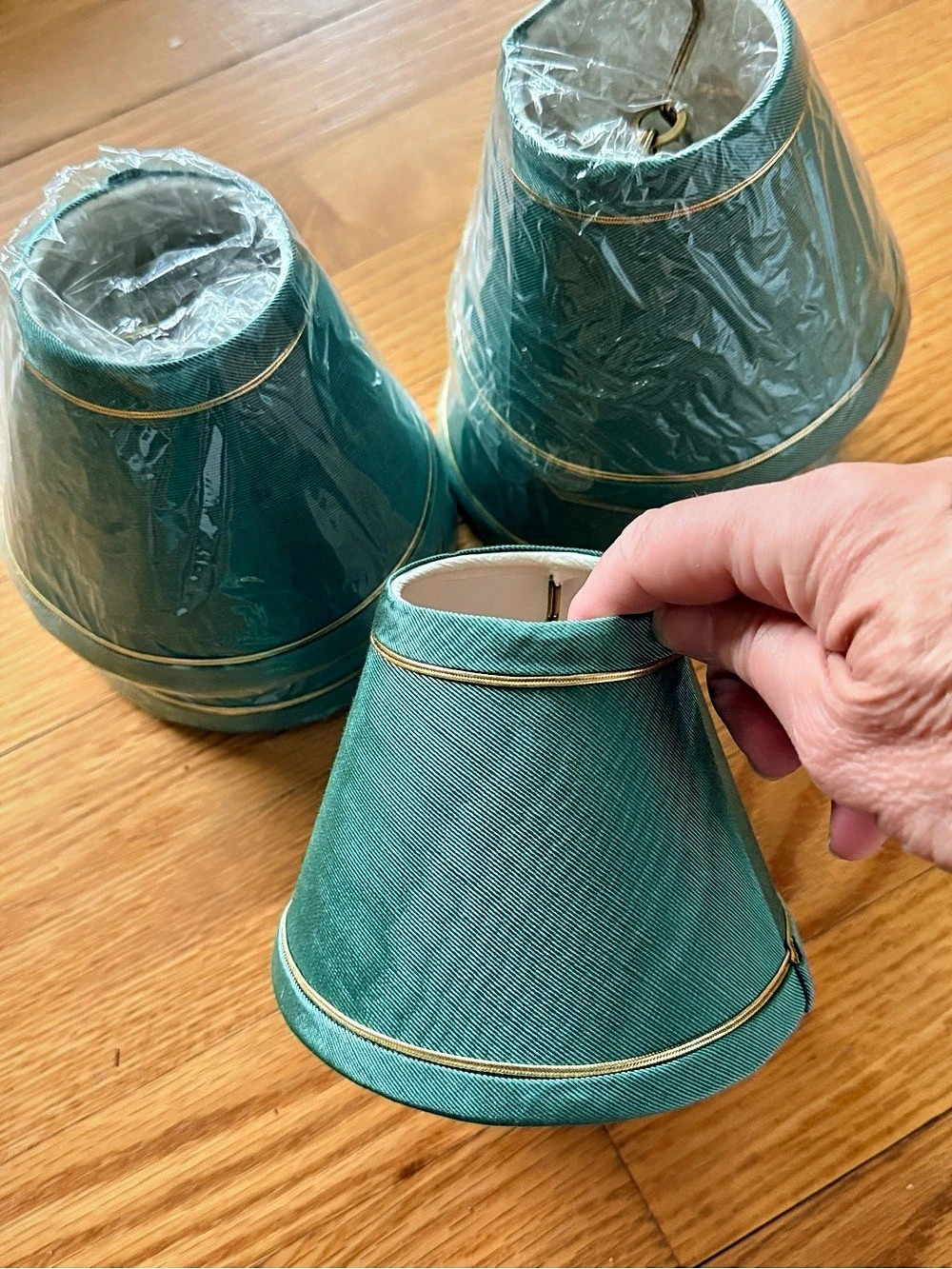 Set of 5 Green Fabric Clip on Chandelier or Sconce Lamp Shades with Gold Trim-